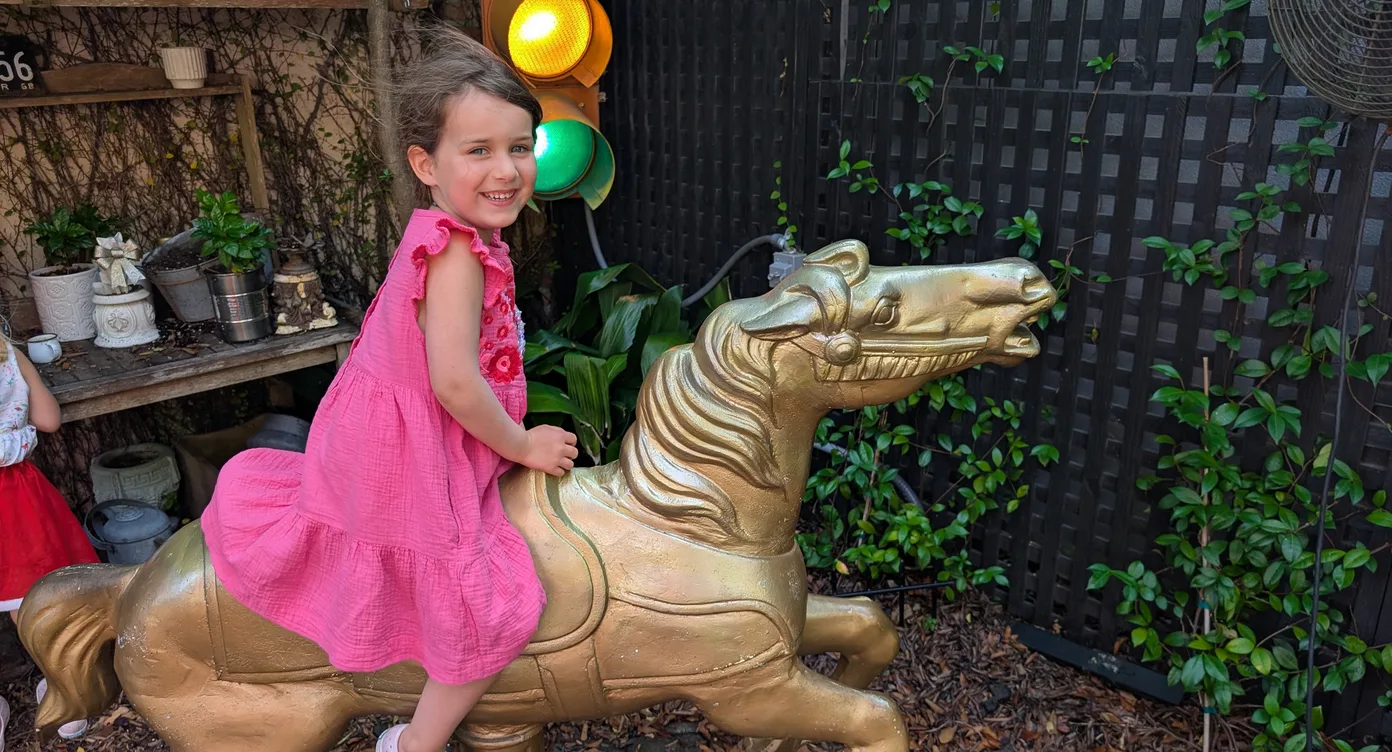 Original photo: a girl in a pink dress riding a carousel horse