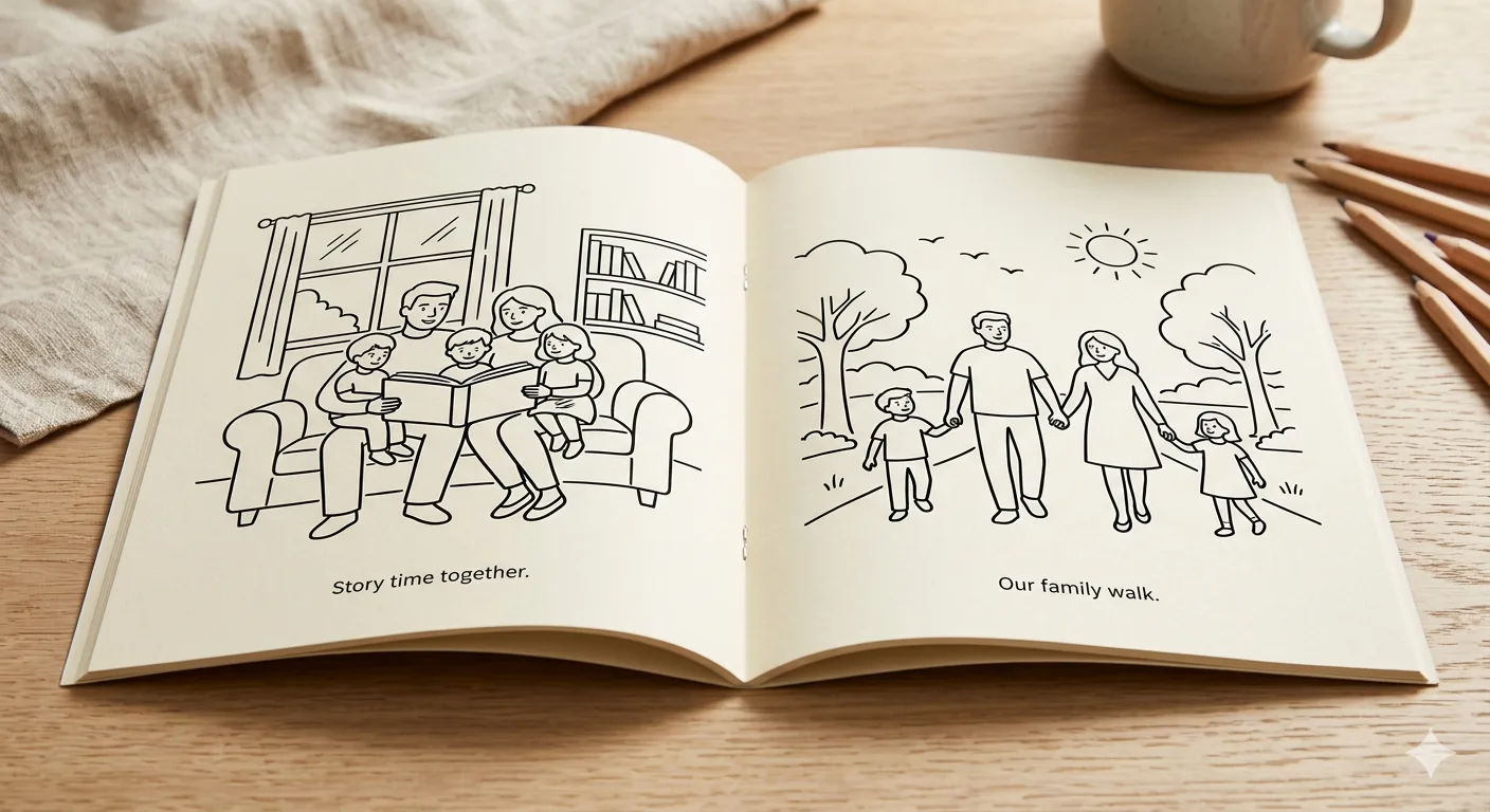 Open TinyTales book showing two hand-drawn coloring pages